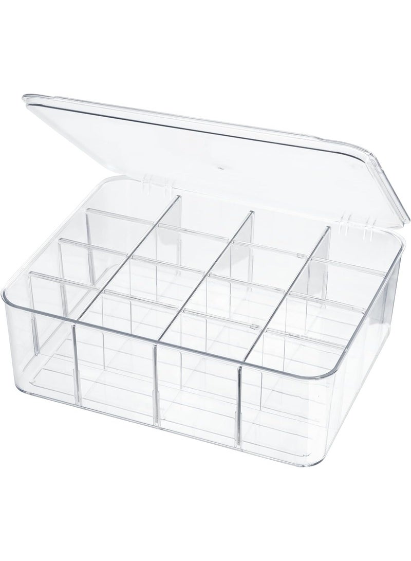 منظم خزانة الجوارب والملابس الداخلية، 16 حجرة قابلة للإزالة وقابلة للتقسيم، صندوق تخزين بلاستيكي مع غطاء، منظم تخزين للفساتين والترقيعات وال бюستيكس، منظم خزانة خزانة ملكية بلون رمادي فاتح شفاف. - Image 1